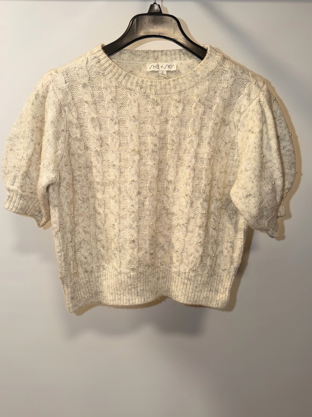 She + Sky Cream Cable Knit Short Puff Sleeve Sweater with Pearl Accents